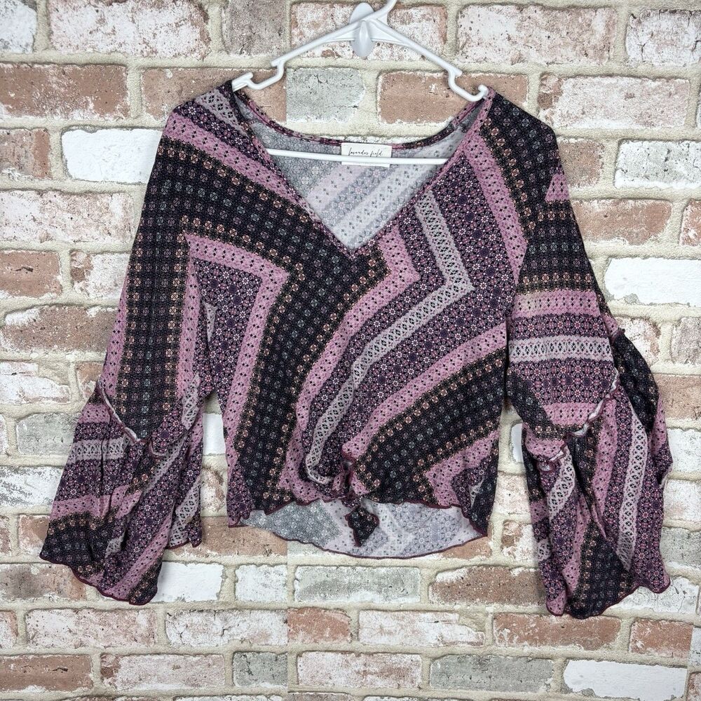 Lavender Field  Crop Top Pink Gray Boho Front Tie Bell Sleeve Women's Size Large